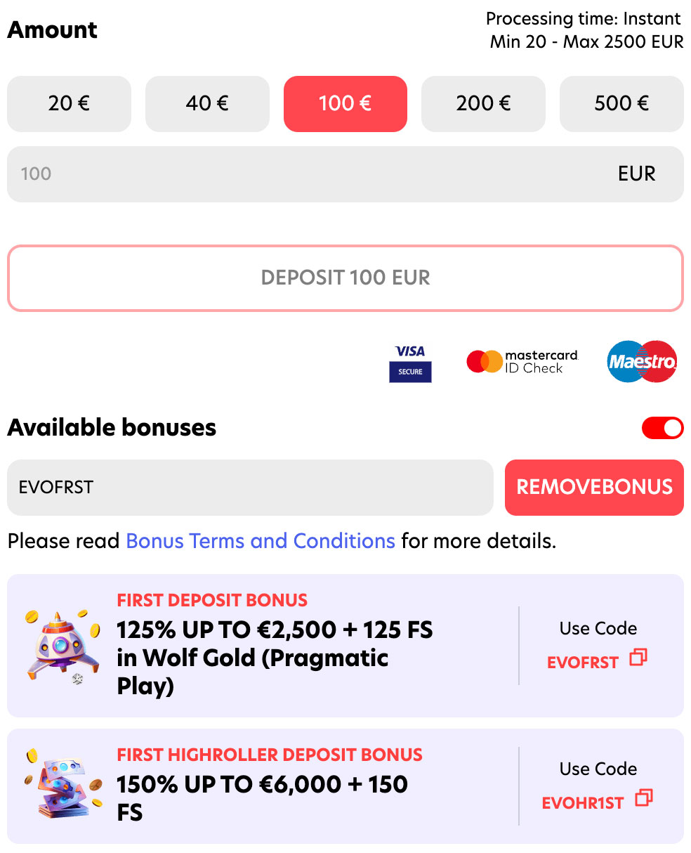 Evospin Wie man den Bonus beansprucht